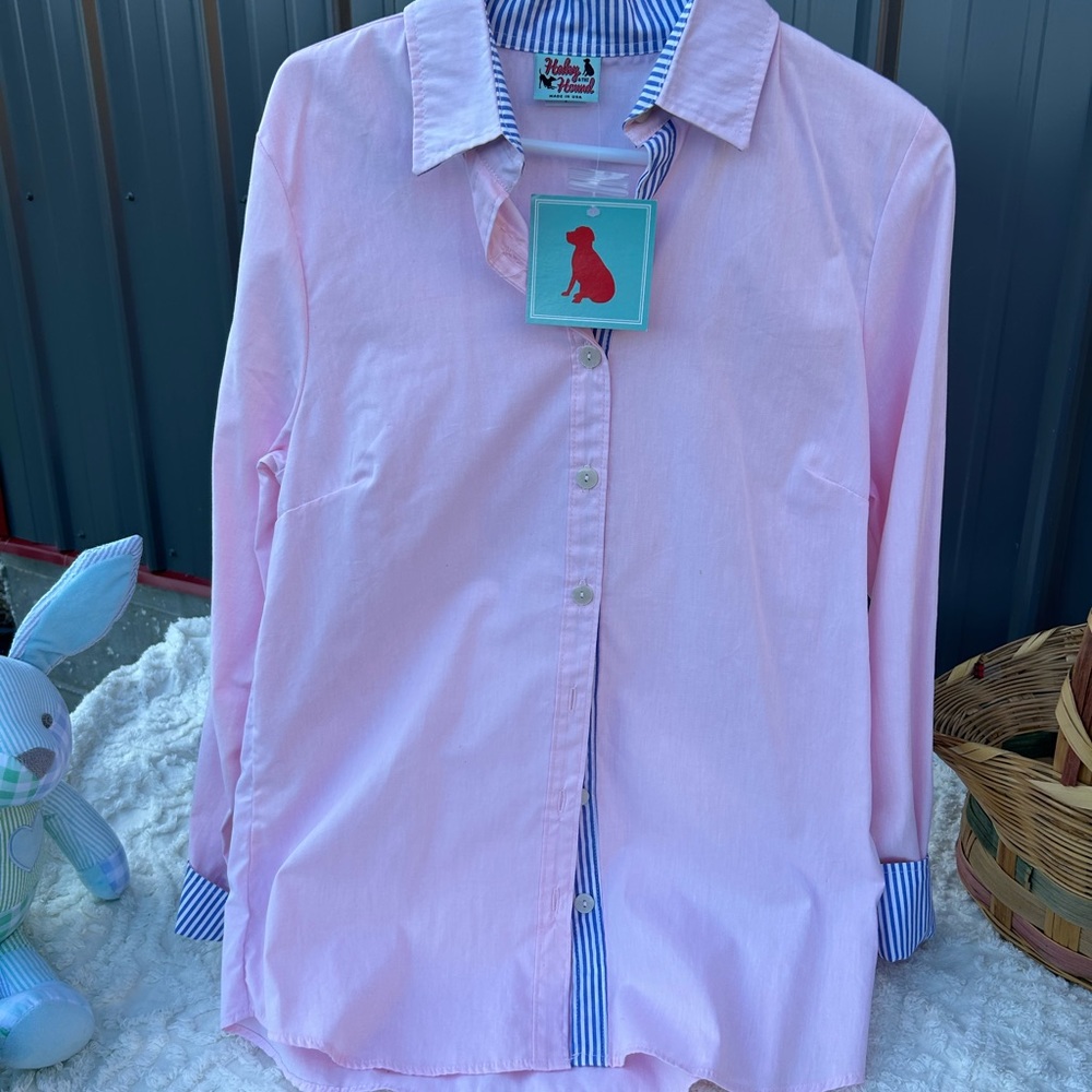 Pink 💕blue white striped details button up. Long top or mini dress 💕💕